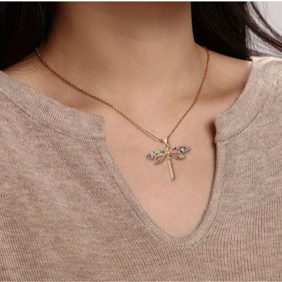 Gold Dragonfly Earrings & Necklace Rhinestones Jewelry Set - Picture 2 of 10